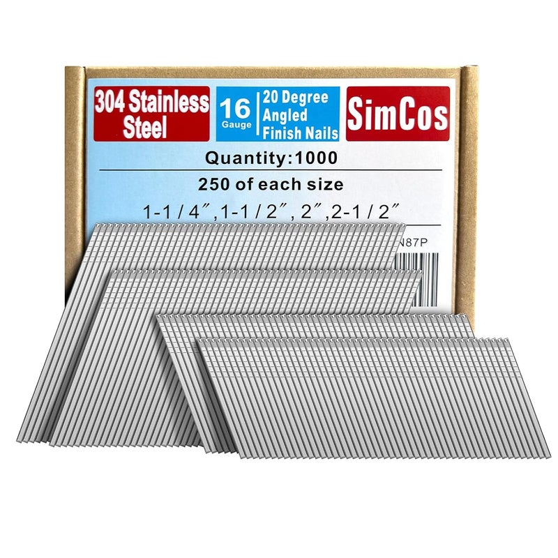 SimCos 16 Gauge Angled Finish Nails 304 Stainless Steel,(1-1/4", 1-1/2", 2", 2-1/2"), 20-Degree,Assorted Size Project Pack for Pneumatic, Electric Finish Nailer or Nail Gun (Assembly 1000) - Image 1